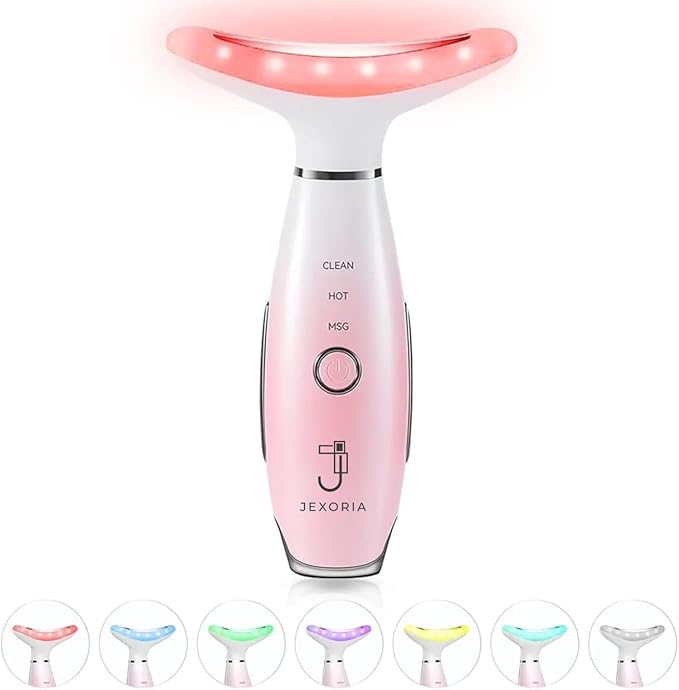 7 Color LED Light Therapy with Heat & Vibration - Women's Face & Neck Massager - Skin Firming Tool - Facial Tightening and Jawline Care