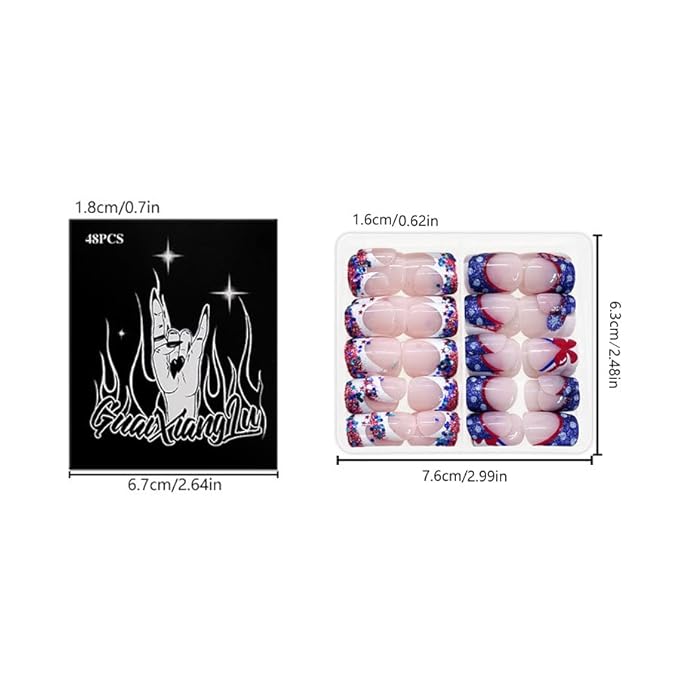 Independence Day Fake Nails French Tip Press on Nails Short Square False Nails Blue Glitter Star Acrylic Nails Patriotic Flag Patter Glue on Nails for Women 4th of July Manicure 2Packs 48Pcs