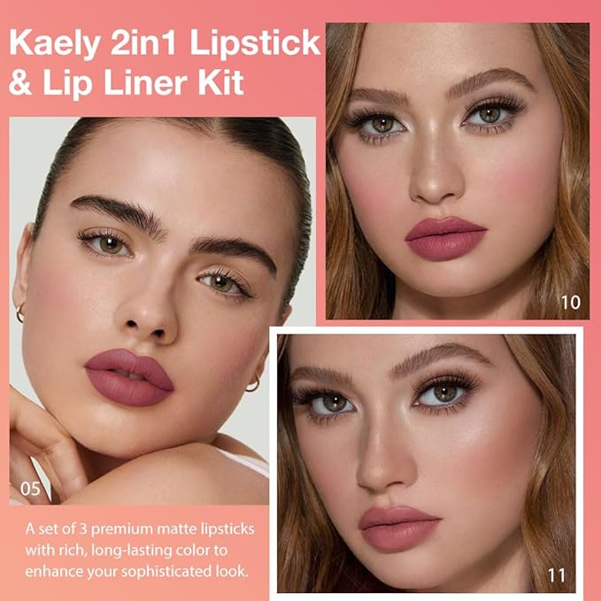 evpct 3Pcs Mauve Red Dusty Rose Gradient Matte Lipstick Lip Liner Crayon Combo Pencil Set for Women Long Lasting Waterproof, Cream Lip Liner and Lipstick Combo Makeup,Flawless Gradual Ombre Effect