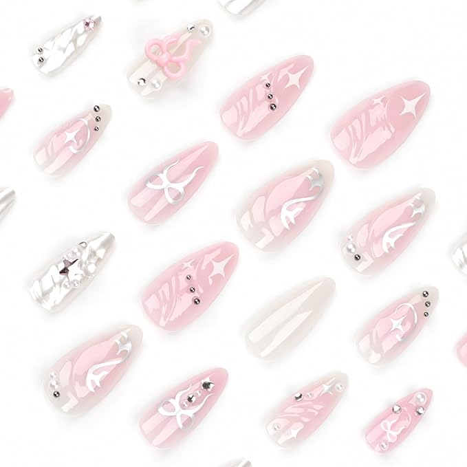 24Pcs Pink Press on Nails Medium Almond Fake Nails with 3D Bow Star Rhinestones Pearl Design Silver Chrome Star Full Cover False Nails White Pink Ombre French Tip Glue on Nails for Women
