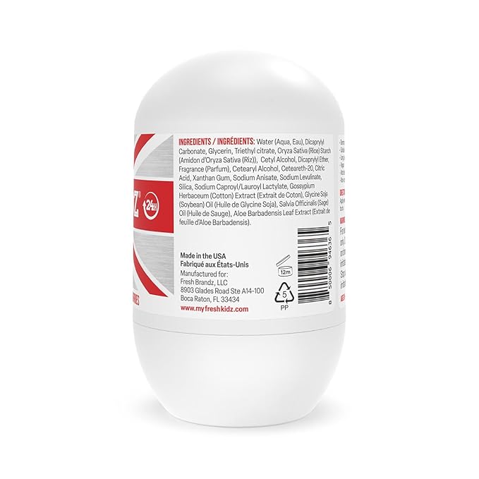 Fresh Kidz Roll On Deodorant for Kids and Teens - Baking Soda and Aluminum-free 24 Hour Protection for Sensitive Skin - Boys "Red" 1.86 fl.oz.