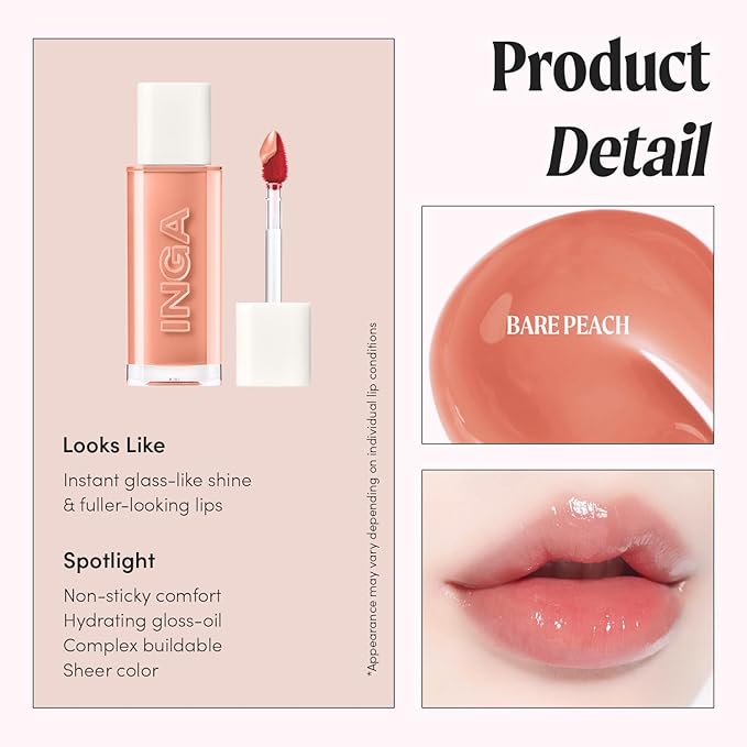 INGA Water Glow Lip Tint | Hydrating, Glossy Korean Lip Tint with Sheer Color & Glass-Like Shine | Long-Lasting, Non-Sticky Korean Lip Stain (BARE PEACH)