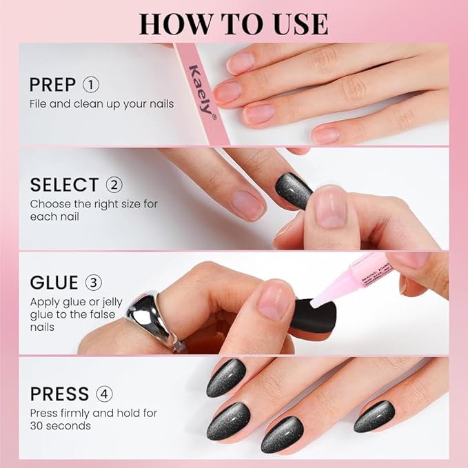 evpct Cat Eye Silver Press on Nails Almond Short, Silver Metal Short Almond Soft Gel Press on Nails with Nail Glue, Fit Perfectly, 30Pcs Reusable Acrylic Fake Press-on Nail Polish Kit for Women Gift