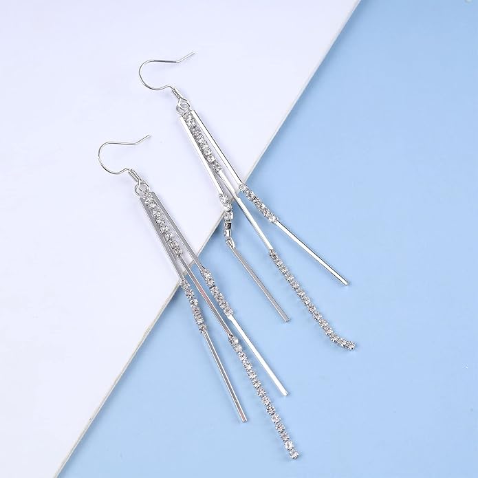 Vintage Crystal Tassel Earrings Rhinestone Bar Drop Earrings Long Rhinestone Chain Earrings Gold Cz Bar Hook Earrings Sparkle Tennis Chain Earrings Jewelry for Women