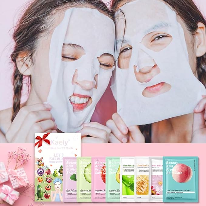 8 Pack Plants Fruits Face Sheet Mask Skincare,Hydrating Face Mask For Sensitive Skin,Moisturize,Soothing,Nourish for All Skin Types,Natural Spa Party Facial Mask Skincare Set for Women Men Girls