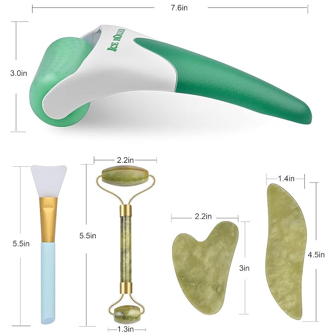 Charmonic 6 in 1 Ice Roller & Jade Roller and Gua Sha Set, Facial Massage Kits, Facial Roller Kit with Gua Sha Tool and Silicone Brush, Anti-Aging Jade Stone Massager for Face, Eyes, Neck Massage