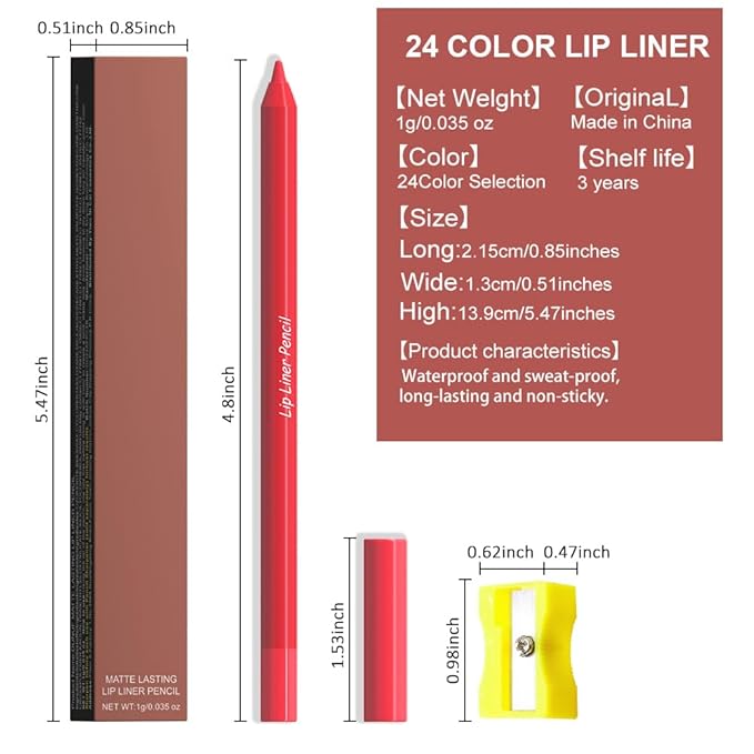 evpct 1Pcs Vermilion Red Matte Long Lasting Lip Liner Pencils Makeup for Shaping & Sculpting Lips, No Transfer Long Wear Waterproof Pigmented Lip Liner lipliners Crayon Lipstick Pencil Sharpener 17