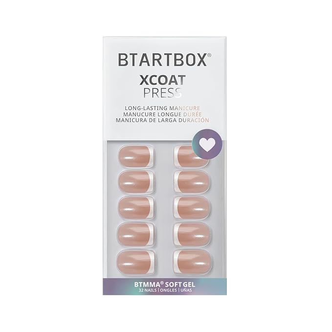 BTArtbox Press On Nails Short - Lamp-Curable Chrome French Tip Square Press On Nails with Glue for Women, Semi-Transparent Soft Gel Glue On Nails in 16 Sizes - 32 Stick On Nails Kit, Evening Attire