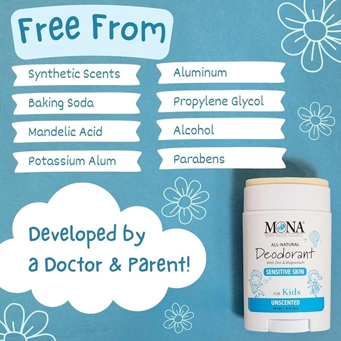 MONA Brands UNSCENTED All Natural Deodorant for Kids | Safe for Kids, Preteens, Teens, Boys and Girls | Baking Soda Free, Aluminum Free, Vegan (2-PK UNSCENTED 1.76 Oz each)