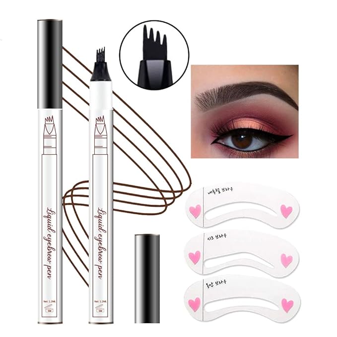 2 Pcs/Set 3D Eyebrow Pencil - Eye Makeup Micro 4 Point Brow Pen Lift & Snatch Eyebrow Pen Kits with 3 Eyebrow Stencil Long-Lasting Waterproof Natural Eyebrow Hair (4# black)