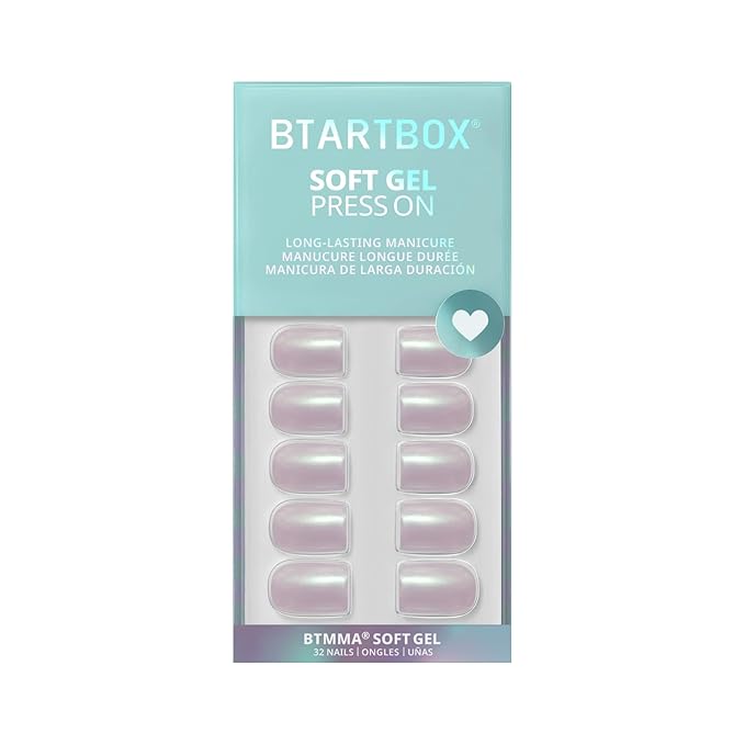 BTArtbox Press On Nails Short - Pearlescent Glitter Square Press On Nails with Glue for Women, Opaque Soft Gel Glue On Nails in 16 Sizes - 32 Stick On Nails Kit, Screaming Silver
