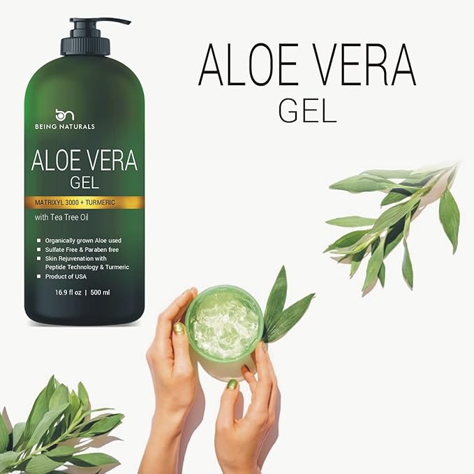 Aloe vera Gel - from 100% Pure Organic Aloe Infused with Matrixyl 3000 (Peptides), Turmeric - Natural Raw Moisturizer for Face, Body, Hair. Perfect for Sunburn, Acne, Razor Bumps 16.9 fl oz