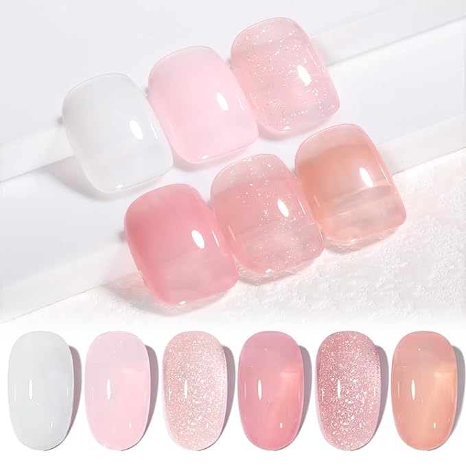 Born Pretty Jelly Gel Nail Polish, Sheer Gel Nail Polish, Milky Pink Nude Crystal Transparent Gel Polish Gel Manicure DIY Salon Nail Art Gifts Women Girls 7ML 6PCS