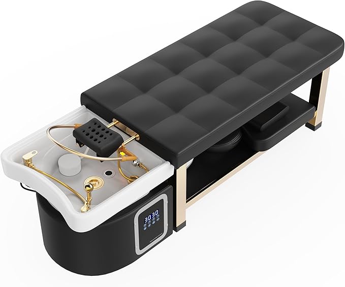 Olela Head Spa Bed, Head Spa Equipment with Water Circulation & Steam Fumigation, Spa Shampoo Bed with ABS Basin, Professional Massage Table with PU Leather for Barbershop, Salon, Massage