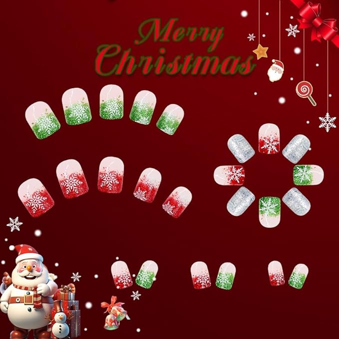 2 Packs 48Pcs Christmas Press on Nails Short Square Fake Nails Red Green Glitter Snowflake Nails French Ombre False Nails Glue on Nails Winter Xmas Stick on Nails for Women Girls Manicure