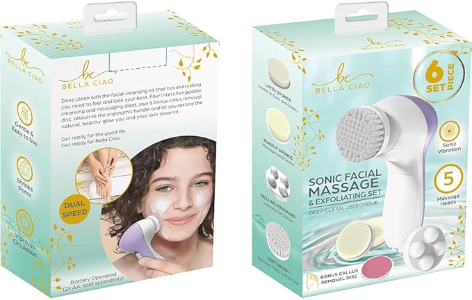 Bella Ciao 6-Piece Facial Cleansing and Exfoliating Set with Soft Facial Brush, Rolling Massager Head, Latex Sponge, Makeup Sponge, and Callus-Remover Disc, Batteries Not Included, Lavender