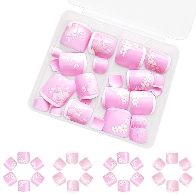 White Flower Press on Toenails Short Square French Tip Press on Flowers Fake Toenails with Floral Designs Glossy Pink Full Cover False Toenails Cute Toe Nails Press ons Acrylic Set for Women 48Pcs