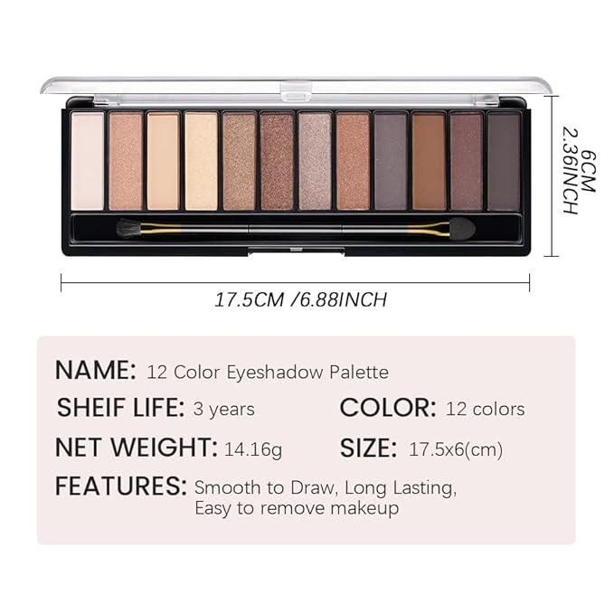 12 Colors Eyeshadow Palette β Neutral Warm Tone Matte & Glitter Eye Makeup Palette, High Pigment Waterproof Eyeshadow Kit for Women β Blendable Natural Brown, Nude, Rose Gold Shimmer Makeup 01#