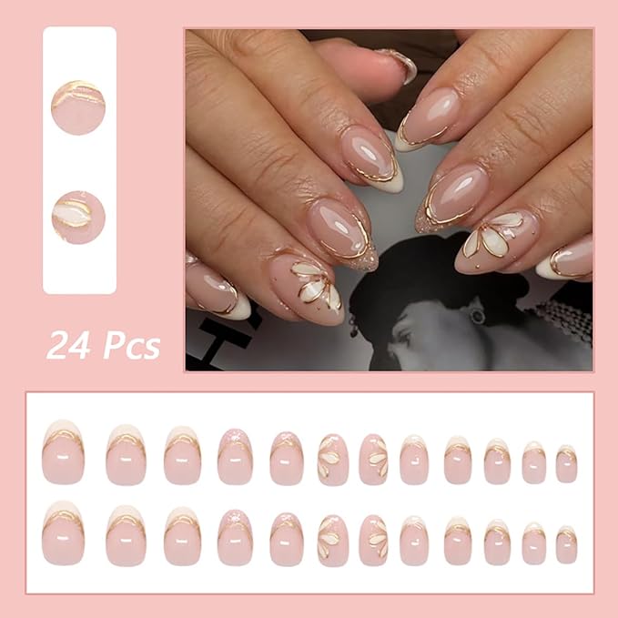 24Pcs Almond Press on Nails Short Length White French Tip Fake Nails with Glitter Designs Gold Line Flower Acrylic Nails Full Cover Spring False Nails White Floral Stick on Nails for Women Nail Decor