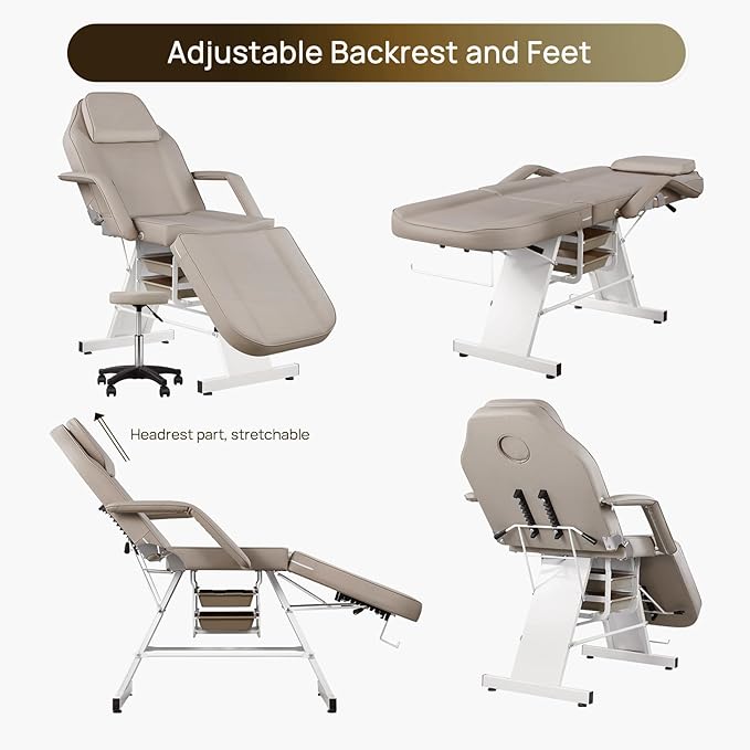 Facial Chair Massage Table 73inch Adjustable Tattoo Chair for Artist with Stool Facial Bed for Spa Beauty Esthetician Gray