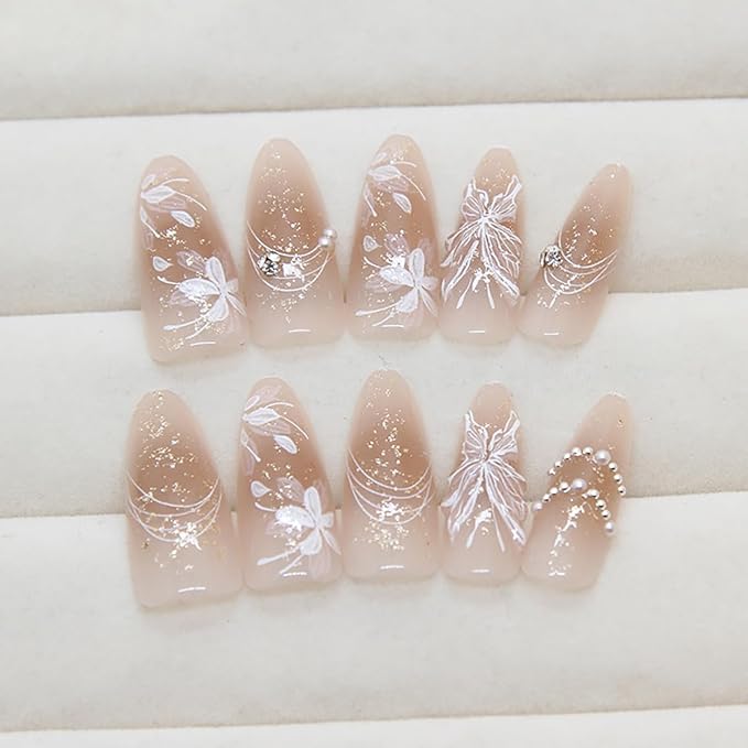 24Pcs Long Press on Nails Almond Fake Nails 3D Pearl Butterfly Glue on Nails White Flower False Nails Gradient Design Nude Artificial Stick on Nails Rhinestones Acrylic Nails for Women Girls Manicure