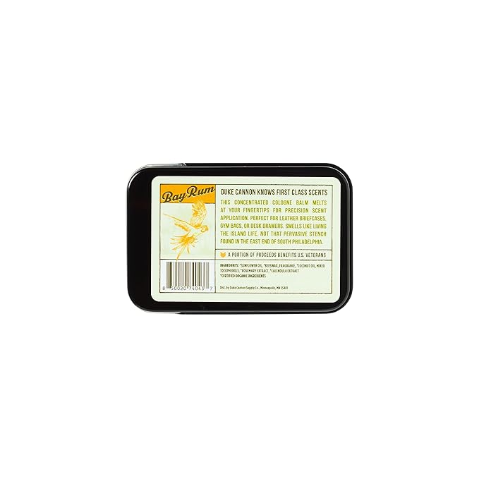 Duke Cannon Supply Co. Solid Cologne for Men Bay Rum (Citrus Musk, Cedarwood, Island Spice) - Concentrated Balm, Travel-Friendly Convenient Tin, 1.5 oz
