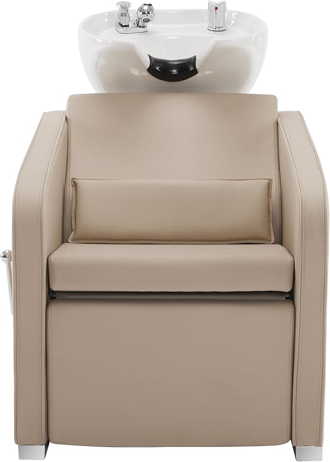 BarberPub Backwash Shampoo Station Chair, Adjustable Porcelain Ceramic Hair Wash Bowl Sink Unit Station, Reclining Shampoo Station Chair for Spa Beauty Salon Hair Salon Equipment 9303 (Beige)