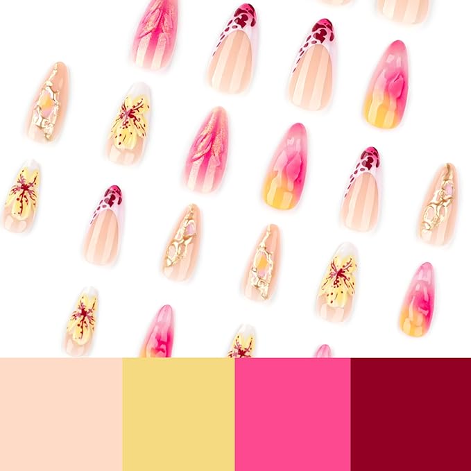 3D Flower Press on Nails Medium Almond Fake Nails French Leopard Print False Nails Full Cover Acrylic Nail Tips Pearlescent Glitter Stick on Nail Artificial Glue on Nail for Women 24Pcs