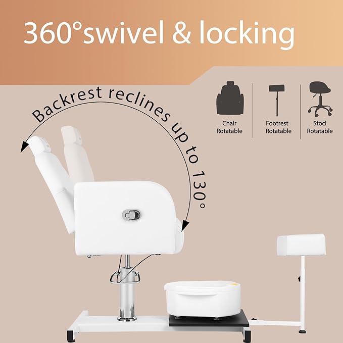 Pedicure Chair with Massage Foot Bath for Nail Tech and Foot Bath, Pedicure Chair 360 ° Rotation Height Adjustable Pedicure Unit Station (450whitekou)