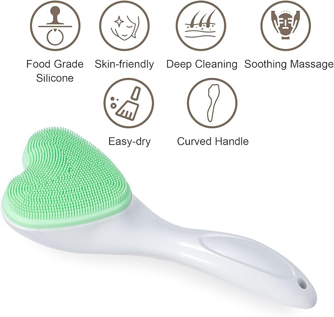 Silicone Face Scrubber Exfoliating Brush 2 Pack, Manual Handheld Facial Cleansing Brush Blackhead Scrubber, Soft Bristles Waterproof for Face Skincare (Black Green,Heart)