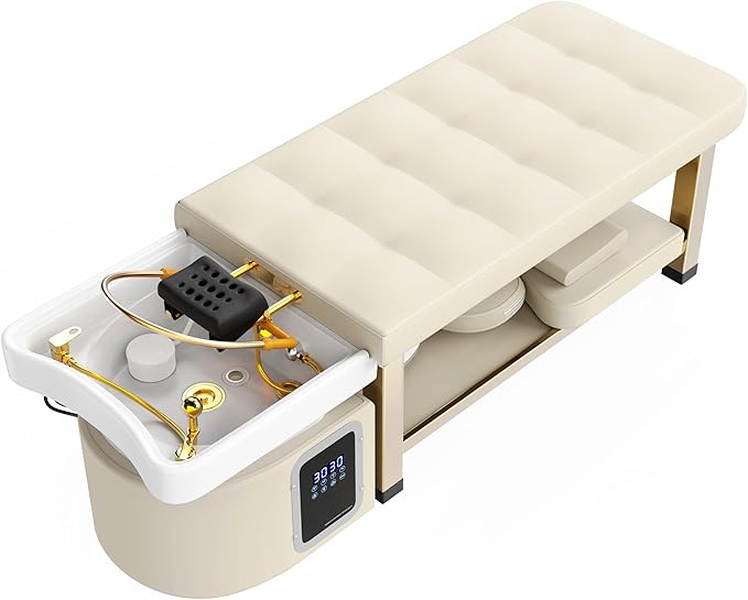 pouseayar Stationary Head Spa Massage Table with Water Cycle & Fumigation Salon Equipment for Beauty Head Spa Physical Therapy Massage, Stainless Steel Gold Color-Plated Frame, Beige Gray PU Leather