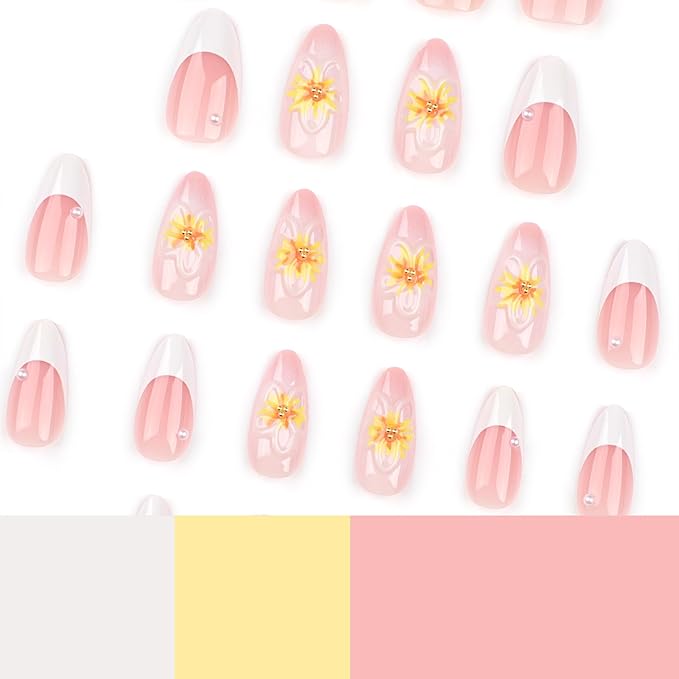24Pcs Flower Press on Nails Medium Almond Fake Nails with 3D Ice Flower Pearl Design White French Tip False Nails Pink Nude Spring Floral Full Cover Stick on Nails for Women Summer Manicure