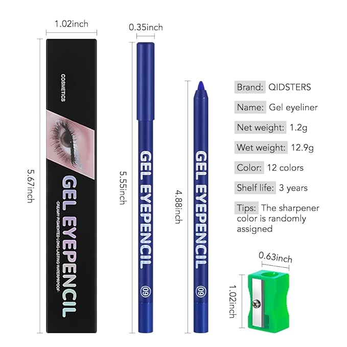 Dark Blue Matte Gel Eyeliner Pencil, Multi-Use Waterline Eyeliner with Sharpener, Sharpenable Eye Liner Waterproof Smudge Proof, High Pigmented Eye Makeup Liners, Vegan & Cruelty-Free 09