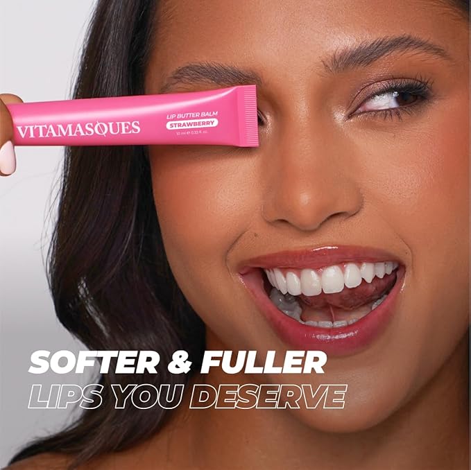 Vitamasques Lip Butter Balm Strawberry, Korean Lip Balm - Peptide Lip Treatment - Lip Balm Hydrating - Light Tinted Lip balm - Made in Korea - 0.33 fl.oz