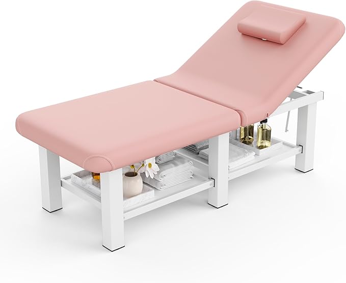 Folding Stationary Massage Table with Backrest and Storage Space, 6 Square Legs Metal Frame PU Leather, 30.5'' Wide × 75'' Long for Treatment Table Physical Therapy Table Spa Facial Bed, Pink