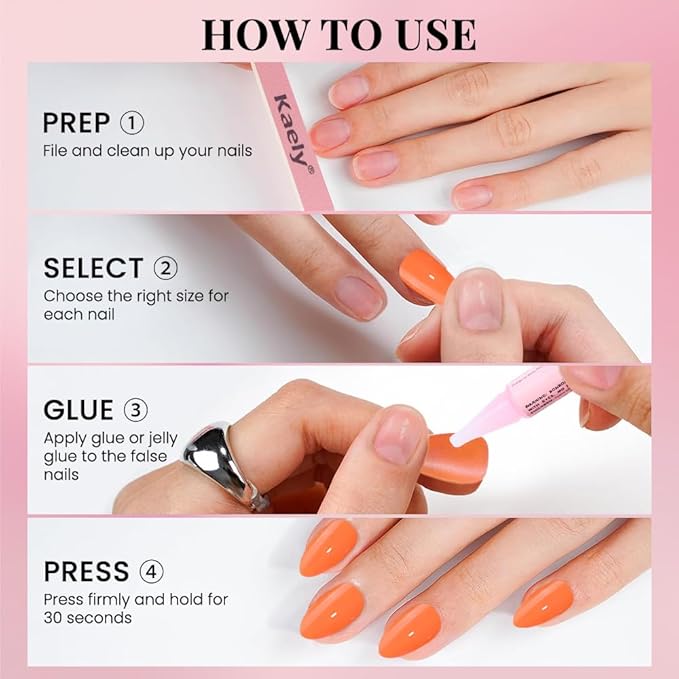 evpct Glossy Press on Nails Short Almond Short for Women, Orange Fake Nail with Glue Salon Quality Reusable Stick on Nails In 15 Sizes 30Pcs Full Cover False Nail Soft Gel Set Kit for Gift, 19