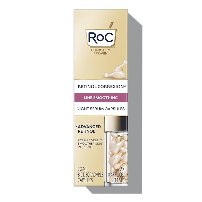 RoC Retinol Correxion Anti-Aging Wrinkle Night Serum, Retinol Serum for Face, Daily Treatment for Fine Lines, Post Acne Scars, 80 Capsules (Limited Edition Value Set), Unscented
