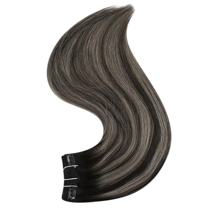 Full Shine Black And Silver Clip in Hair Extensions 22 Inch Ombre Hair Extensions Real Human Hair Clip ins Long Remy Human Hair Full Head 120 G 7 Pcs