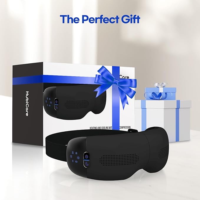 HubiCare Eye Massager with Heat and Cooling for Dark Circles Puffiness Eye Massage for Migraines Bluetooth Music Eye Care for Dry Eyes Sleep Relax (Matte Black)