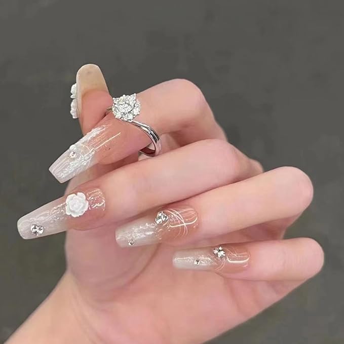 Medium Press on Nails Coffin Fake Nails with Lines Rhinestones Glitter Designs 5D Flower Glue on Nails White Gradient Nails Press ons Medium Coffin False Nails Glossy Stick on Nails for Women 24Pcs