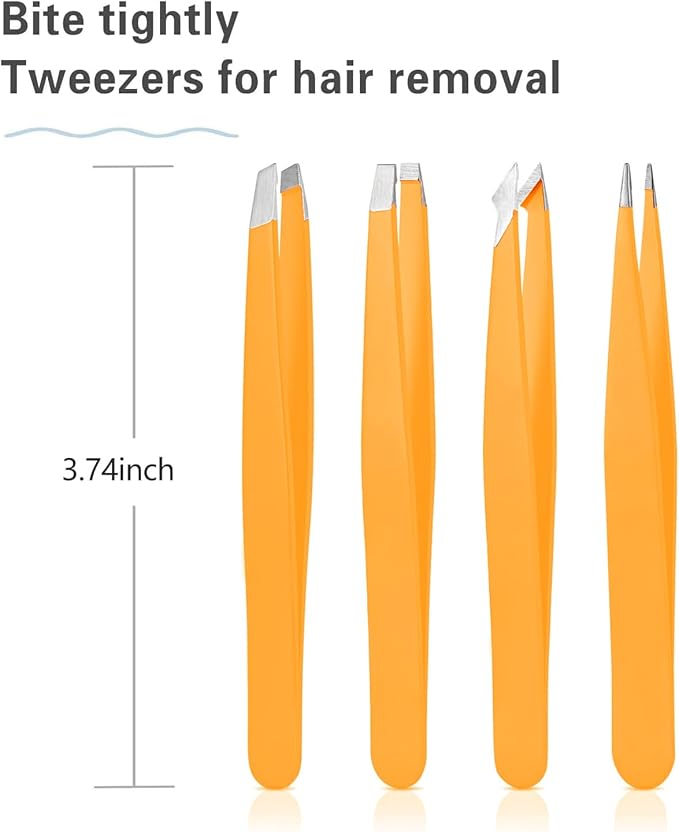 Tweezers Set, High Precision Stainless Steel Eyebrow Tweezers for Facial Hair, Inward Growing Hair and Splinter Remover Kit, Suitable for Women and Men, Pink and Black 4-Piece Set. (Orange)
