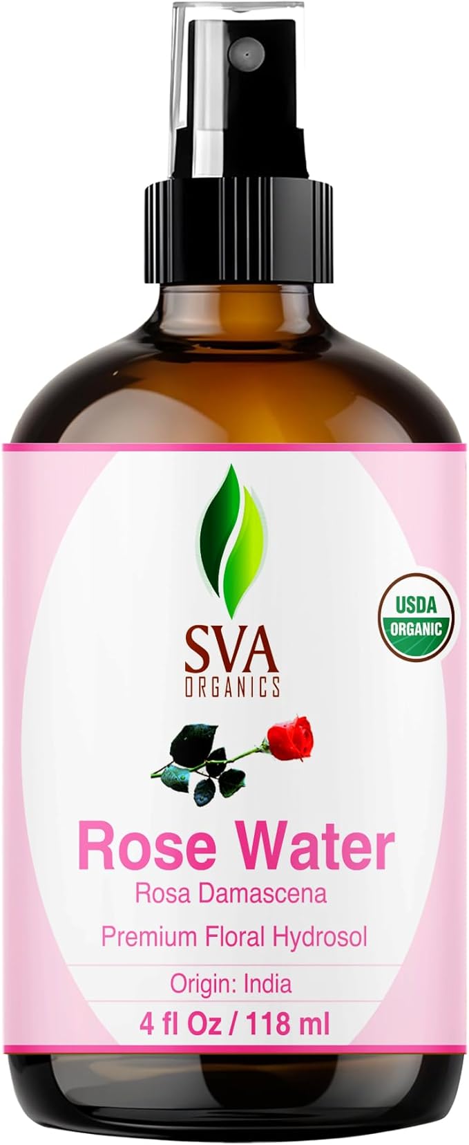 SVA ORGANICS Rose Water 4oz (118 ml) Refreshing Rose Water Spray for Skin Care, Skin Hydration, Bath, Soaps, Haircare & Aromatherapy