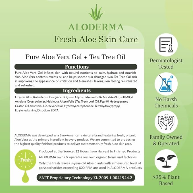 Aloderma Organic Aloe Vera Gel for Skin + Tea Tree Oil, Made within 12 Hours of Harvest, Soothing Pure Aloe Vera Gel for Face, Works Great for Scalp, Acne & Aftershave, All Natural Aloe Gel - 10.6 Oz