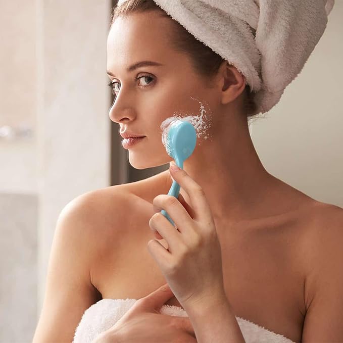 Silicone Manual Facial Cleansing Brush, NADUSEP 2 Pack Skin Friendly Soft Bristles Waterproof Face Scrubber Exfoliating Brush for Blackheads Whiteheads Makeup Residues Removal (Blue, Pink)