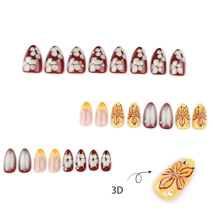 Fall Flower Press on Nails Short Almond Fake Nails with 3D French Tips Design Glossy Red Gradient Acrylic False Nails Pearl Stick on Fingernails Rhinestones Gel Glue on Nail for Women 24Pcs