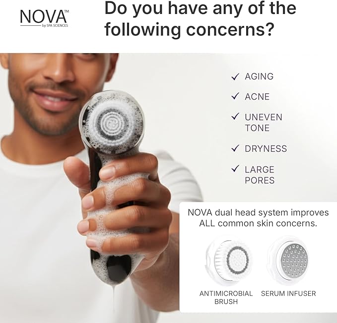 Spa Sciences - NOVA - Sonic Cleansing Brush with Bristles & Infusion System – Anti-Aging Facial Exfoliating, Waterproof, and USB Rechargeable