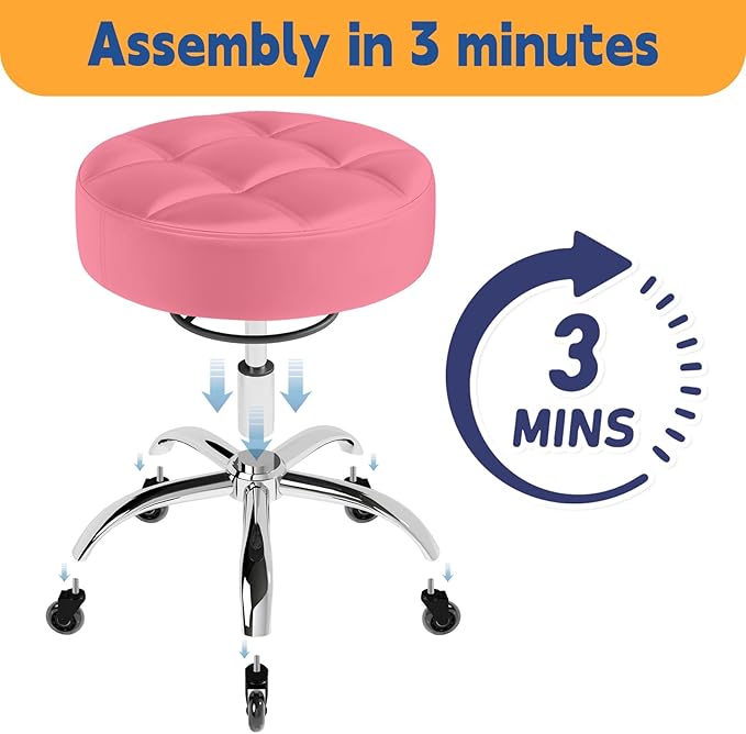 Rolling Stool Heavy Duty 400lb: Super Soft Seat Cushion,360° Swive,Height Adjustability,No Squeaky Noises,No Tip Over,New Upgraded Stool Salon Stool Chair, Tattoo Facial Massage Spa Medical (Pink)