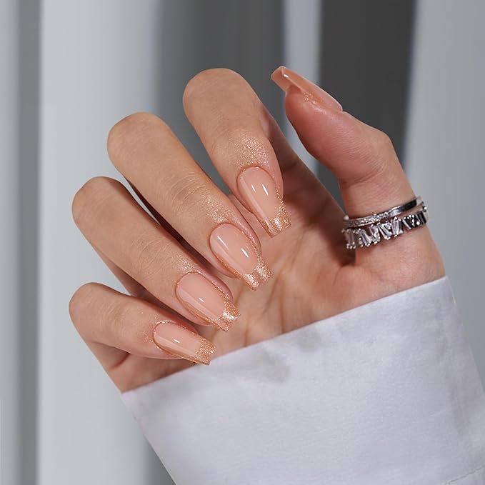 BTArtbox Press on Nails Coffin - Gold Rose French Tips Press On Nails Short for Women, Cat Eye Nail Tips, Glitter Fake Nails with Glue, Glue On Nails in 16 Sizes - 30 Nail Kit, Gold Dust