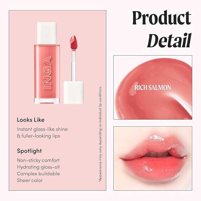 INGA Water Glow Lip Tint | Hydrating, Glossy Korean Lip Tint with Sheer Color & Glass-Like Shine | Long-Lasting, Non-Sticky Korean Lip Stain (RICH SALMON)