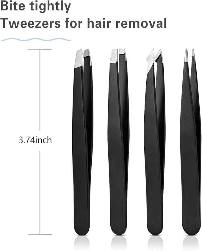 Tweezers Set, High Precision Stainless Steel Eyebrow Tweezers for Facial Hair, Inward Growing Hair and Splinter Remover Kit, Suitable for Women and Men, 4-Piece Set. (Black)